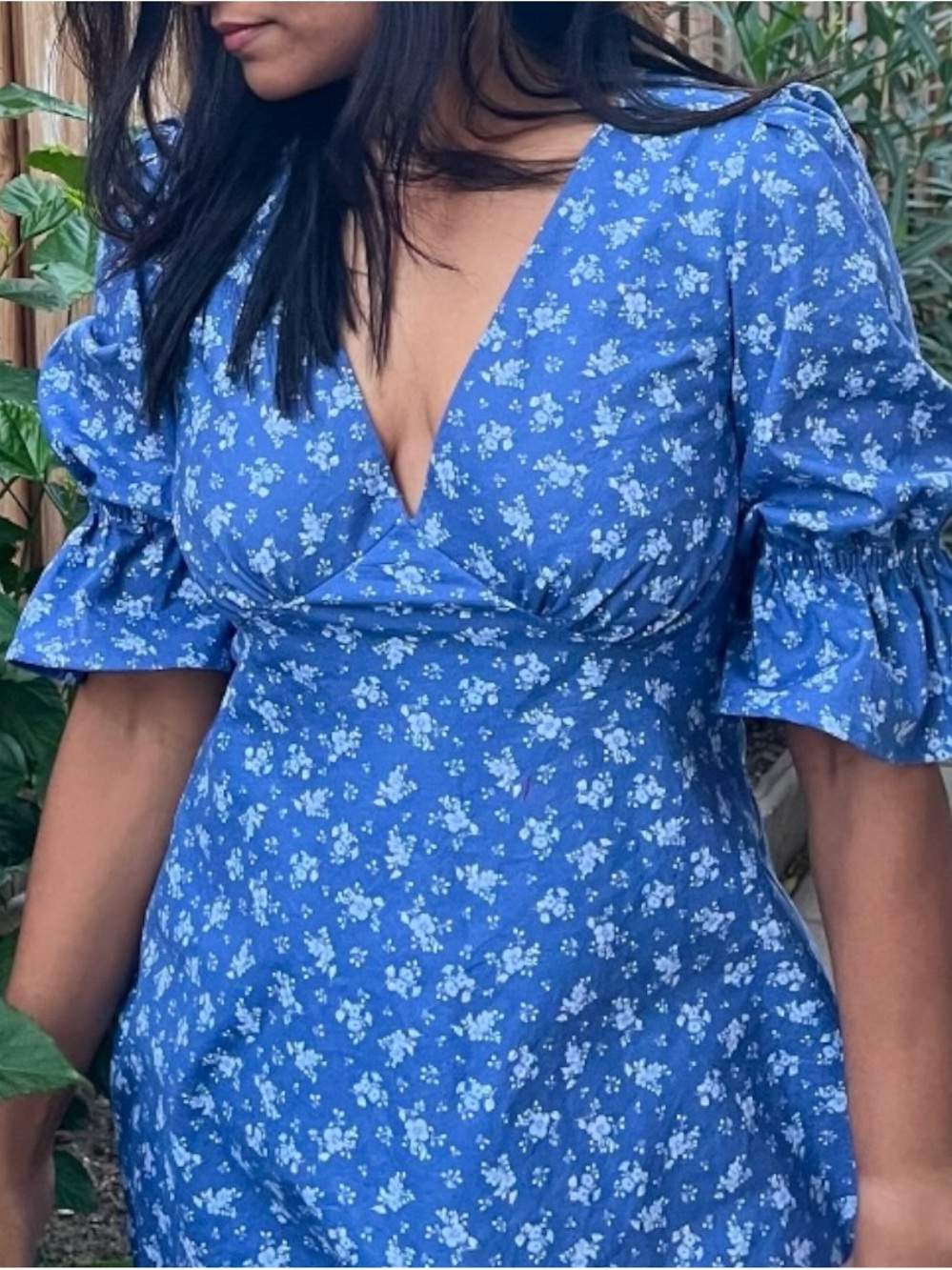 Blue Floral V-Neck bias cut Dress